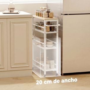 Carrito Auxiliar con Ruedas de 4 Niveles, Carrito de Cocina con Toallero y 6 Ganchos, Estrecho para Espacios Pequeños, Verduras, Frutas, para Comedor, 50x20x81 cm, Roble