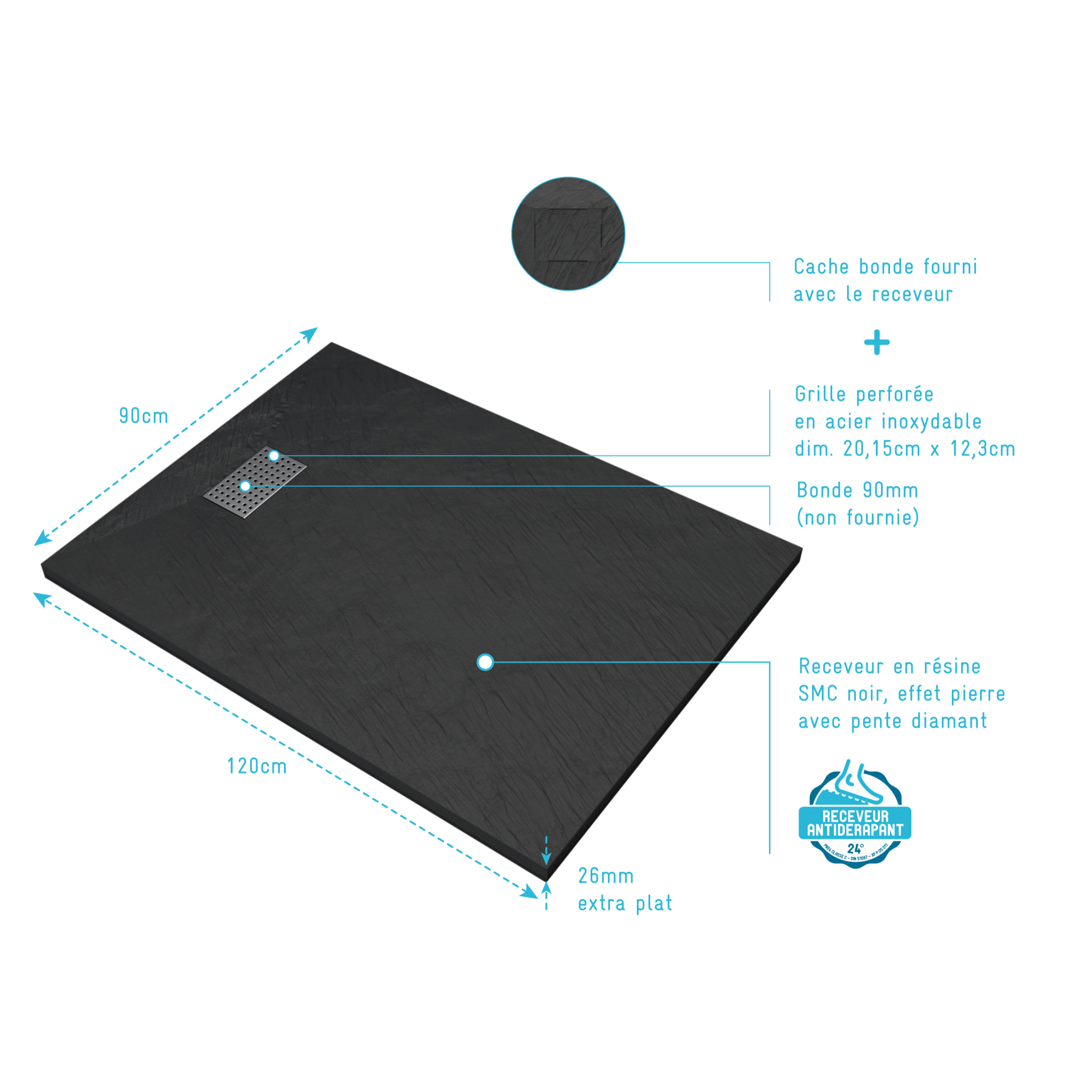Receveur de douche Noir Effet Pierre 90x120 cm et Grille décor Perforée en Inox