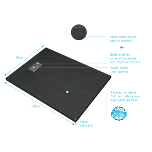Receveur de douche Noir Effet Pierre 90x120 cm et Grille décor Perforée en Inox