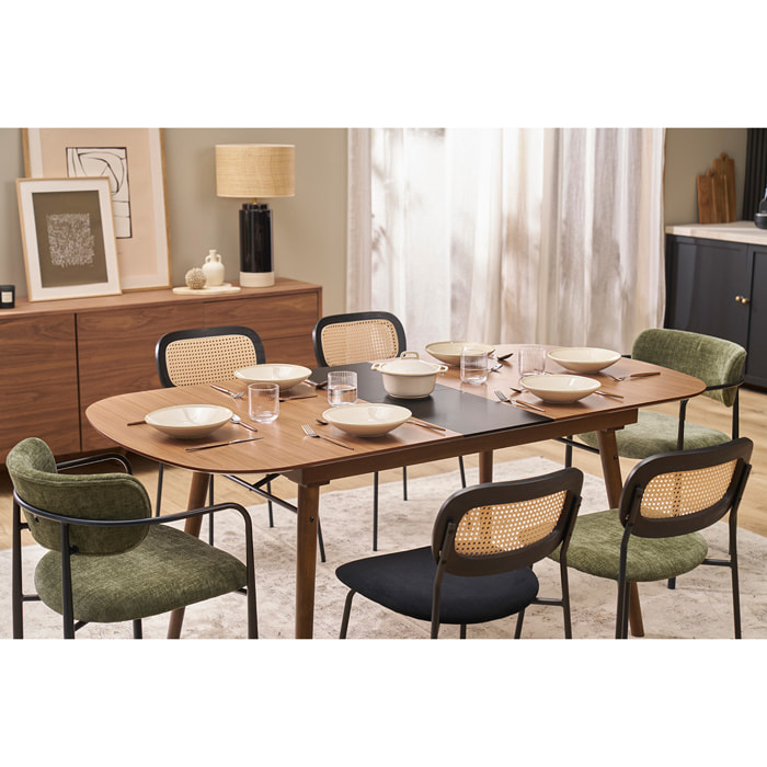 Chaises design en tissu effet velours texturé vert kaki, métal noir et cannage rotin (lot de 2) MIRANDA