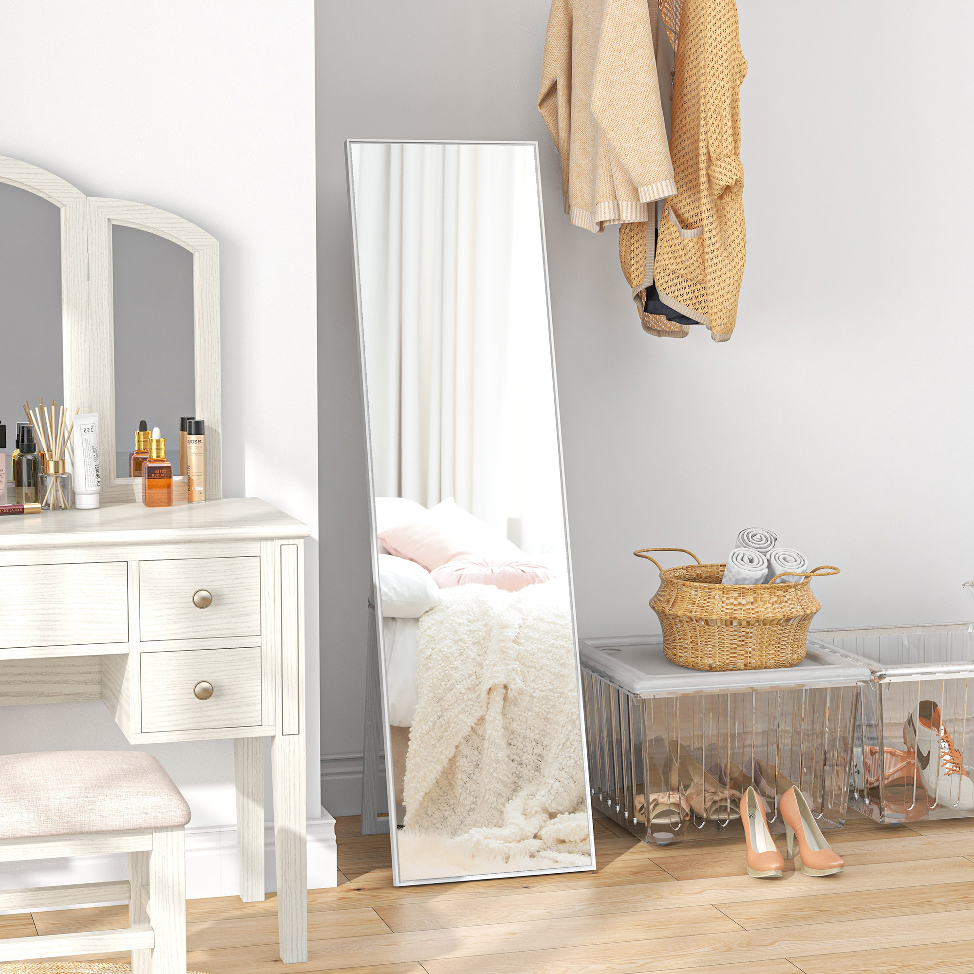 Miroir sur pied rectangulaire dim. 40L x 35l x 147H cm MDF aspect bois blanc