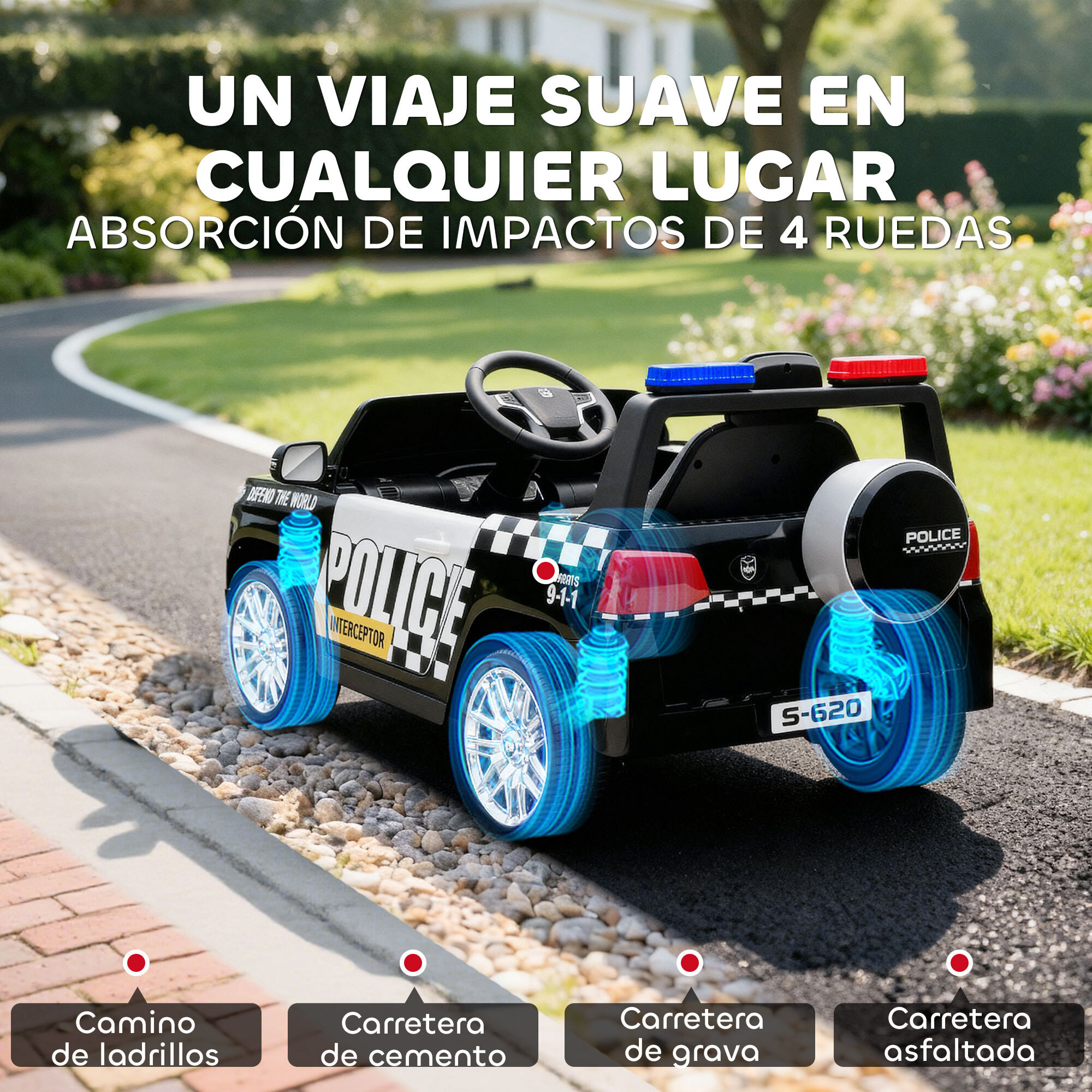 Coche Eléctrico para Niños de Policía, Coche de Batería 12V, con Motor Doble, Mando a Distancia 2,4 G, Suspensión en 4 Ruedas, Sirena, Faros LED, Puerto USB, Blutooth y Música, Negro