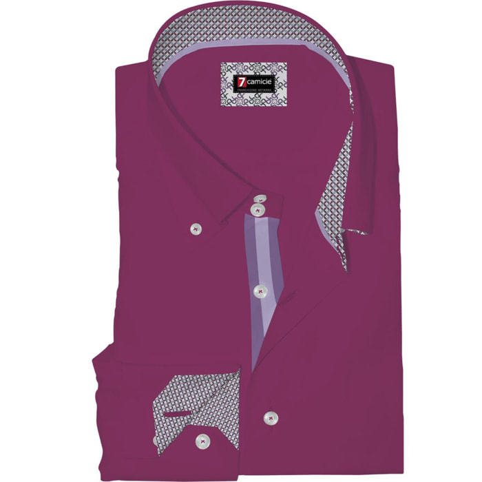 Camicia Uomo 2 Bottoni Button Down Slim Satin Unito VIOLA VINO
