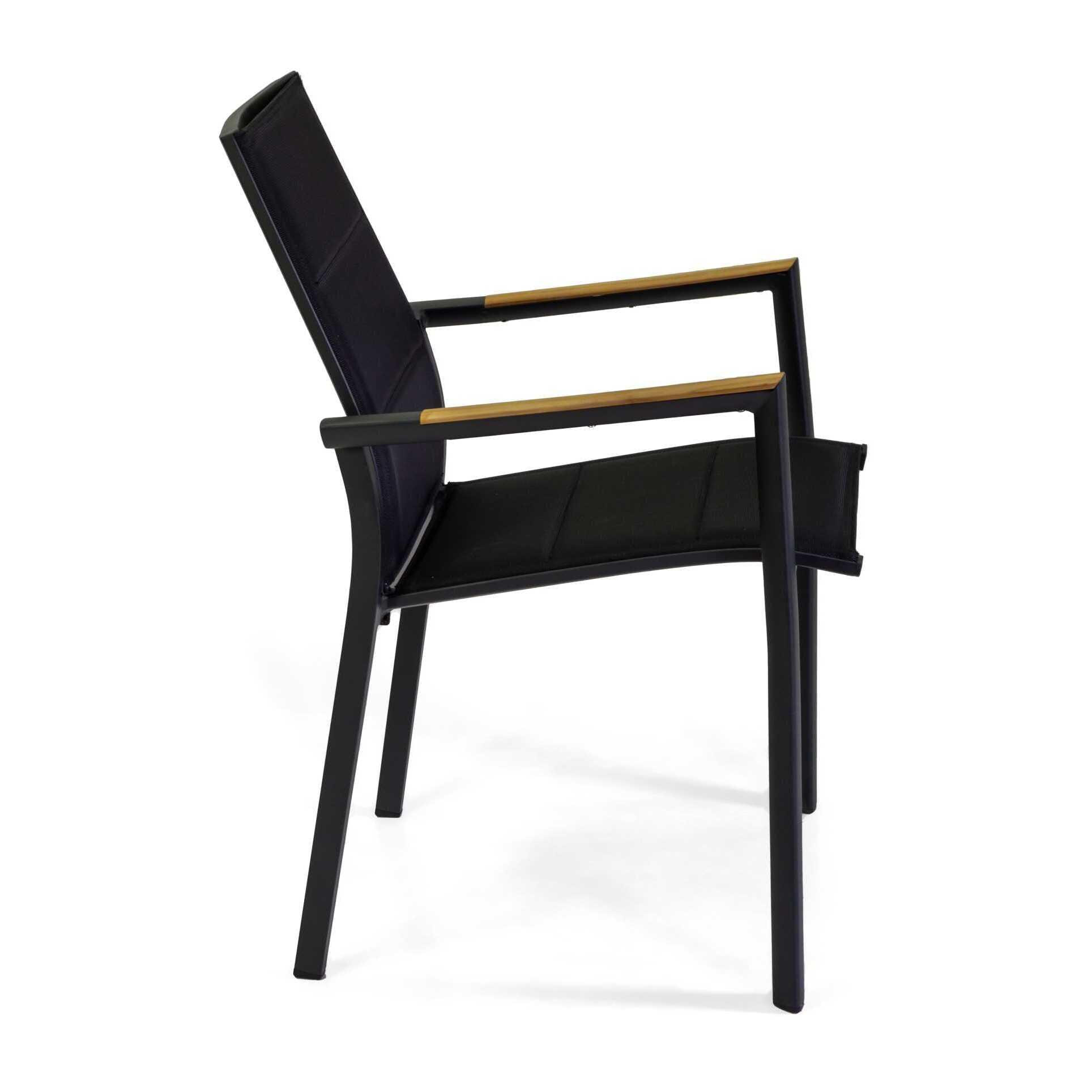 Poltrona Rachel Vacchetti in alluminio con textilene nero e teak 56x58h45/88