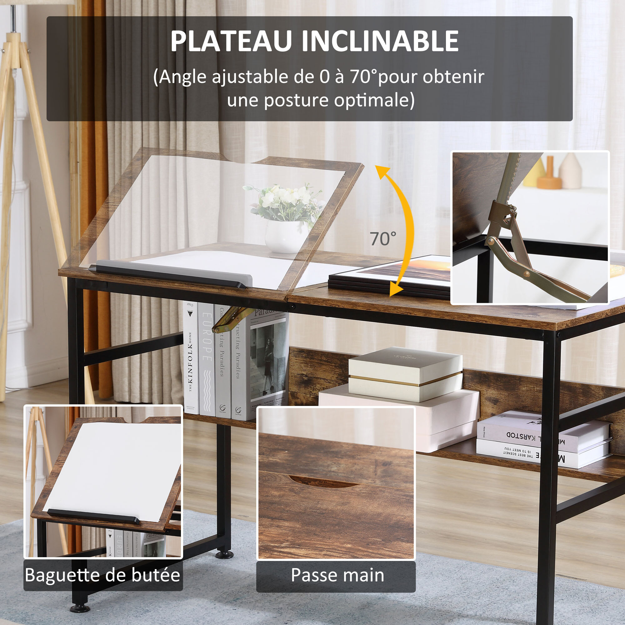 Bureau informatique design industriel - plateau relevable, étagère -  panneaux particules aspect vieux bois métal noir
