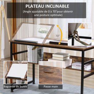 Bureau informatique design industriel - plateau relevable, étagère -  panneaux particules aspect vieux bois métal noir