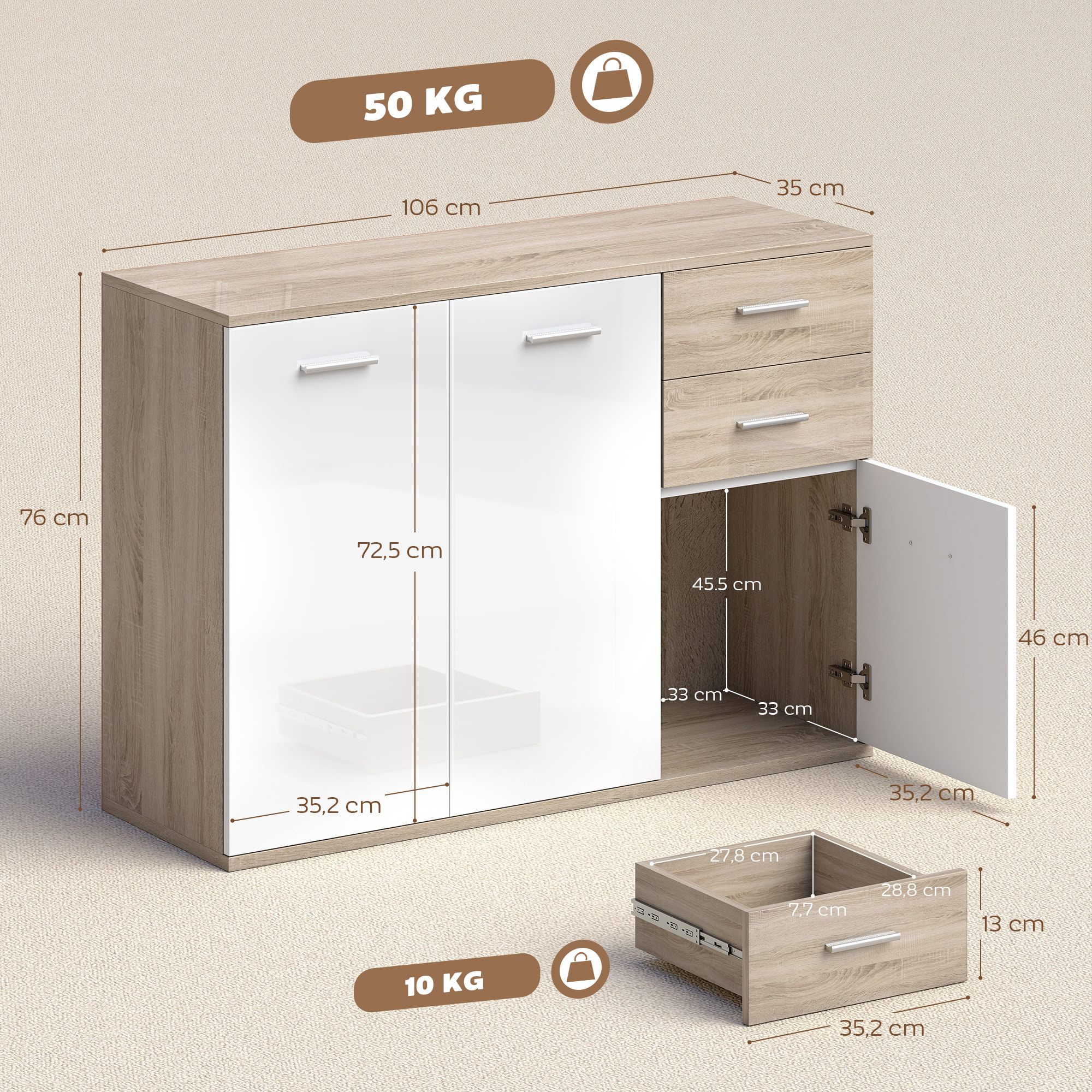 Buffet 2 tiroirs coulissants 2 placards étagère réglable panneaux blanc laqué effet bois naturel