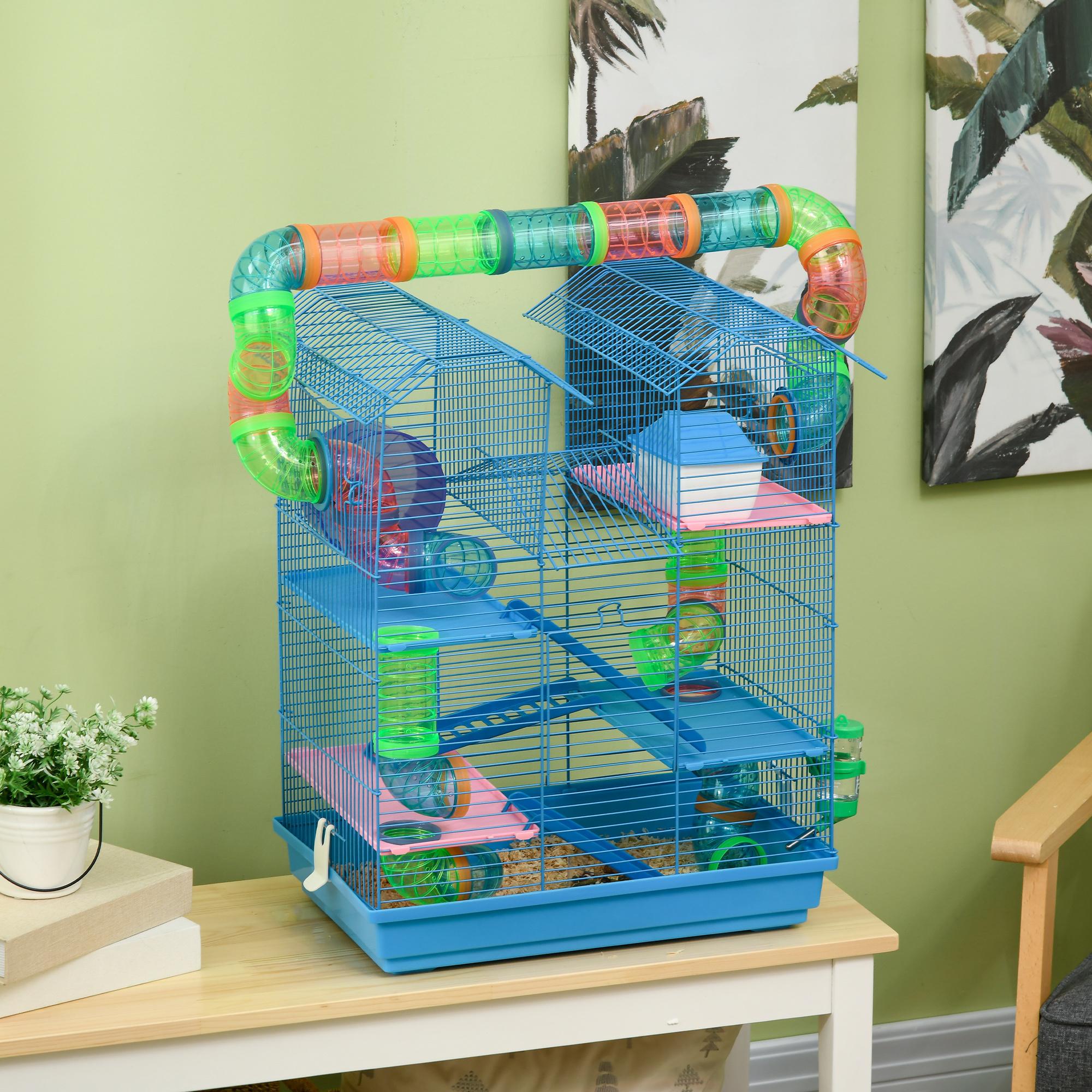 Jaula para Hámster Hábitat para Animales Pequeños de Múltiples Niveles con 4 Plataformas Bebedero Rueda de Ejercicio Escaleras Sistema de Tubos 47x30x59 cm Azul