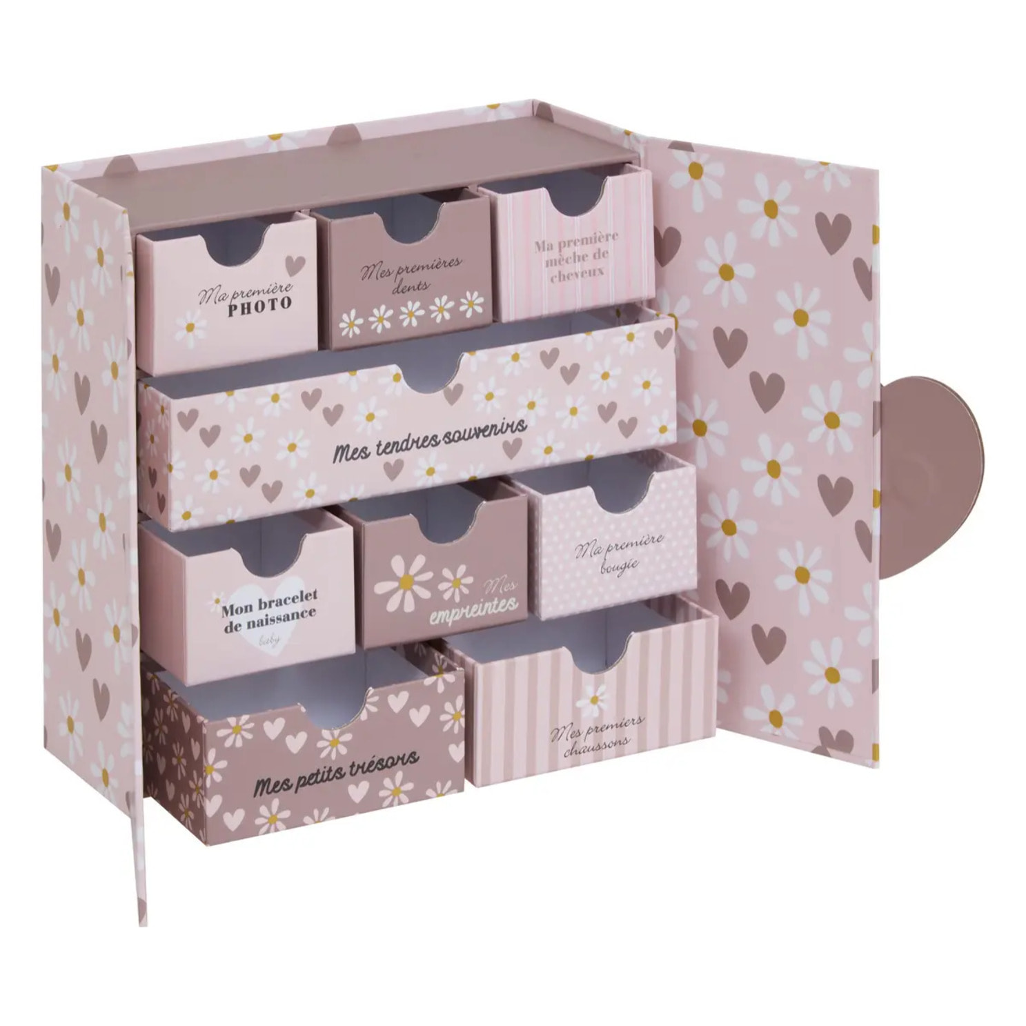 Coffret de naissance souvenirs cœurs 9 tiroirs rose
