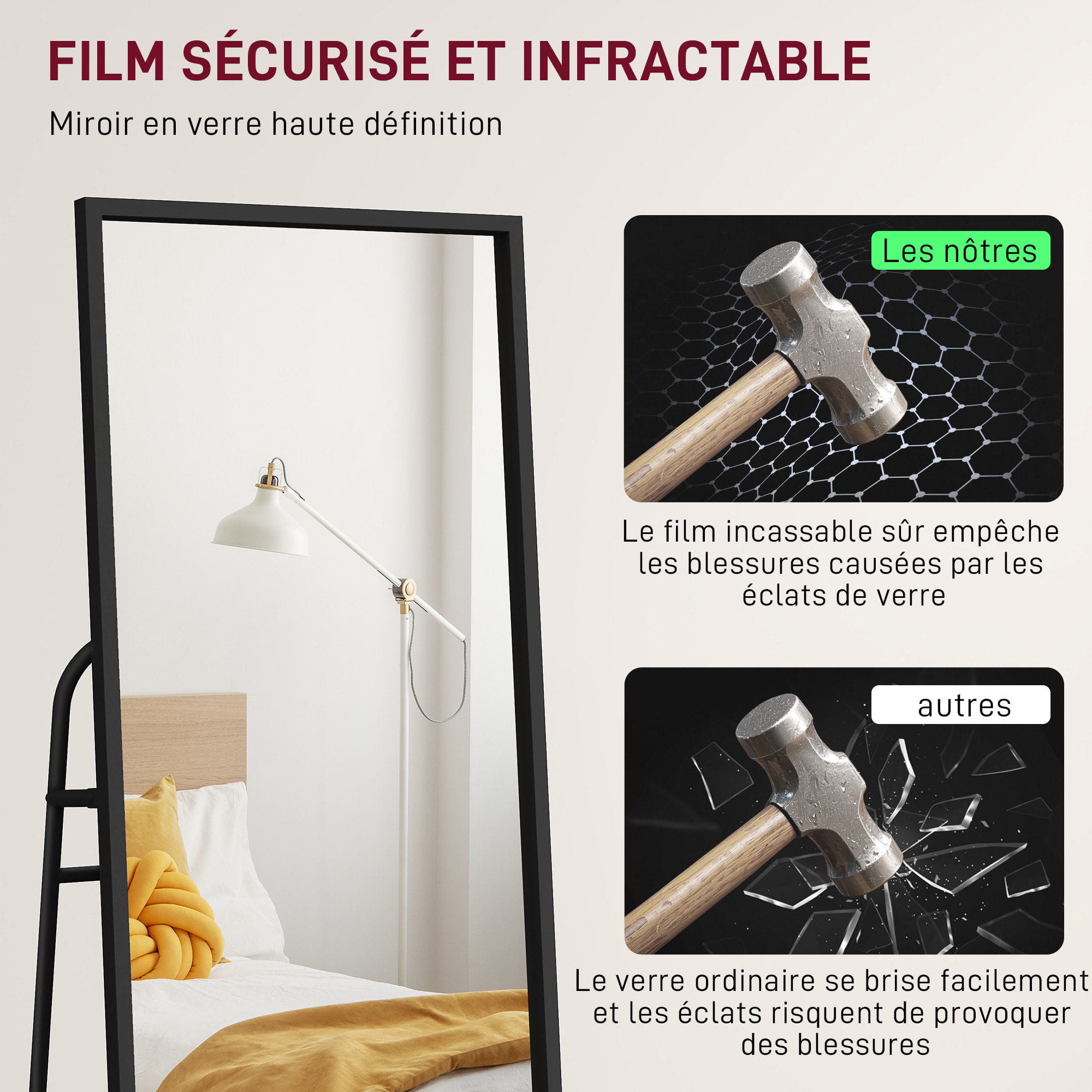 Miroir sur pied avec rangements grande taille dim. 148,5 x 40 cm métal noir