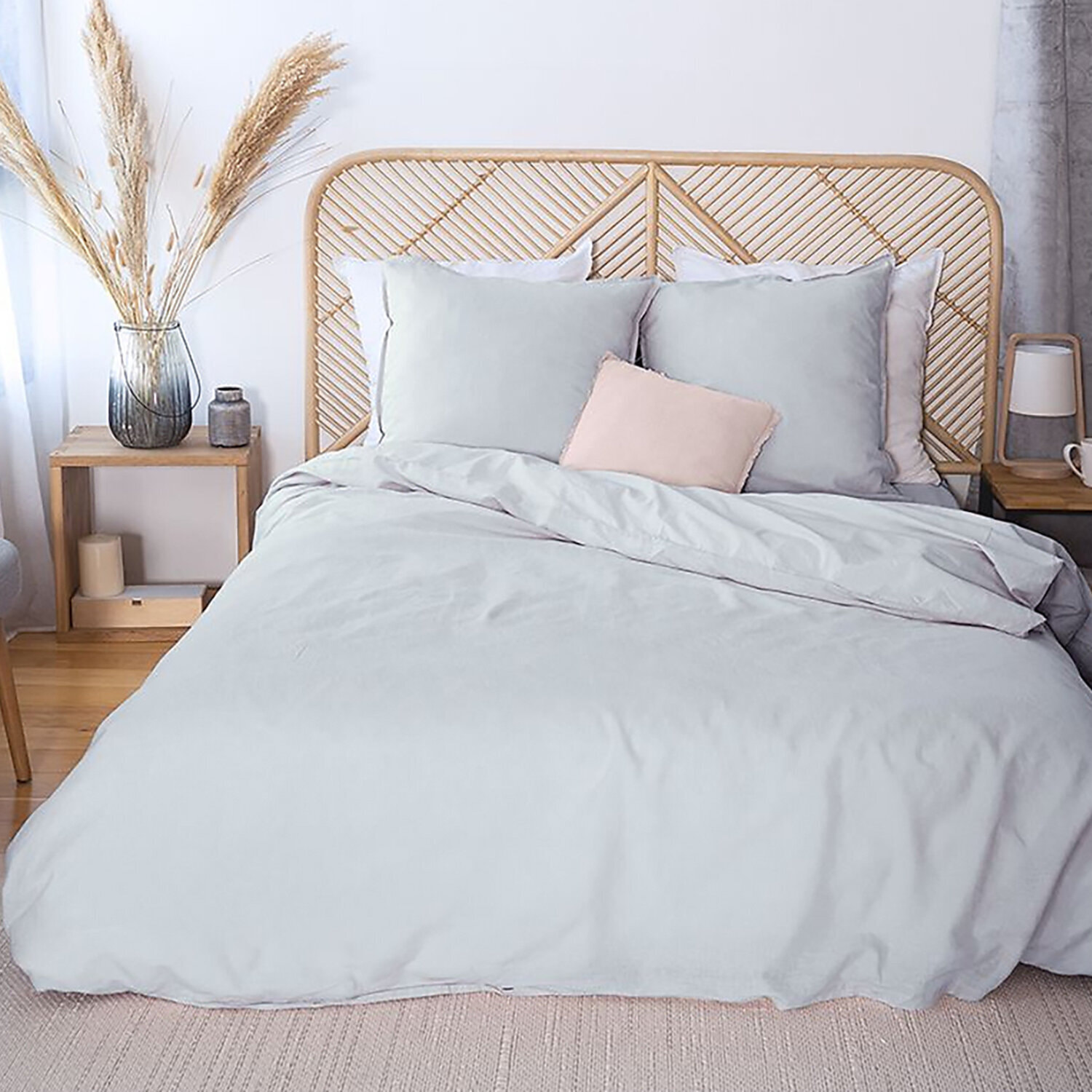 Parure housse de couette unie en coton lavé et lin - lynn - gris clair
