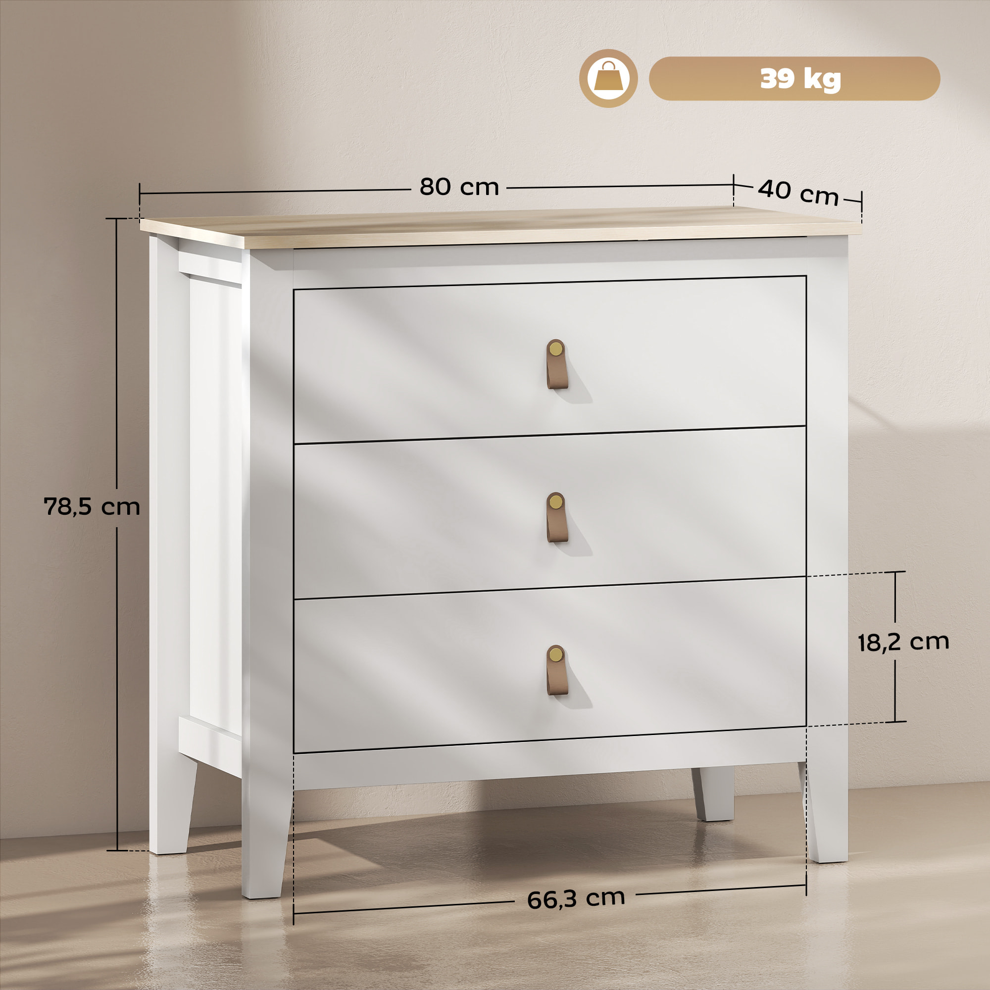 Cómoda de 3 Cajones Cómoda para Dormitorio con Tiradores de PU Cajonera para Salón Pasillo 80x40x78,5 cm Blanco