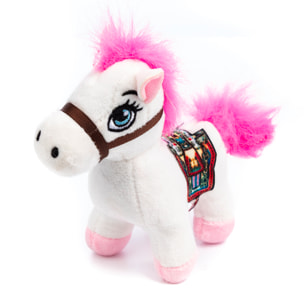 Peluche extrasuave y mullido con colgante. Diseño pony con silla de montar. 12 cm.