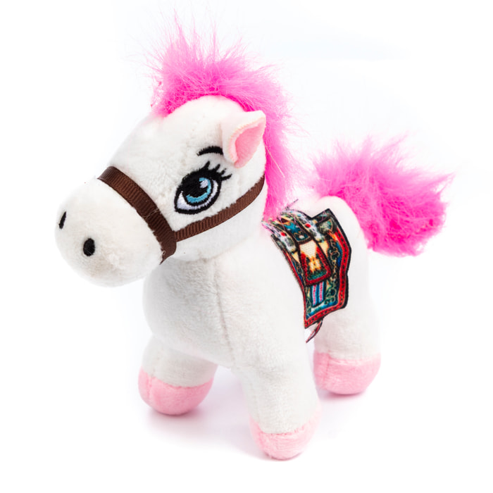 Peluche extrasuave y mullido con colgante. Diseño pony con silla de montar. 12 cm.