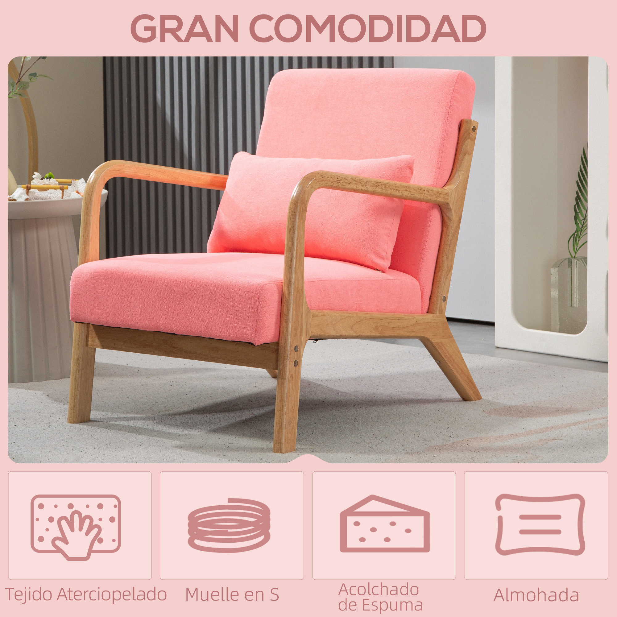 Butaca de Salón Butaca Nórdica Sillón de Salón con Reposabrazos Cojín y Marco de Madera de Caucho para Dormitorio Carga 120 kg 61x78x76 cm Rosa