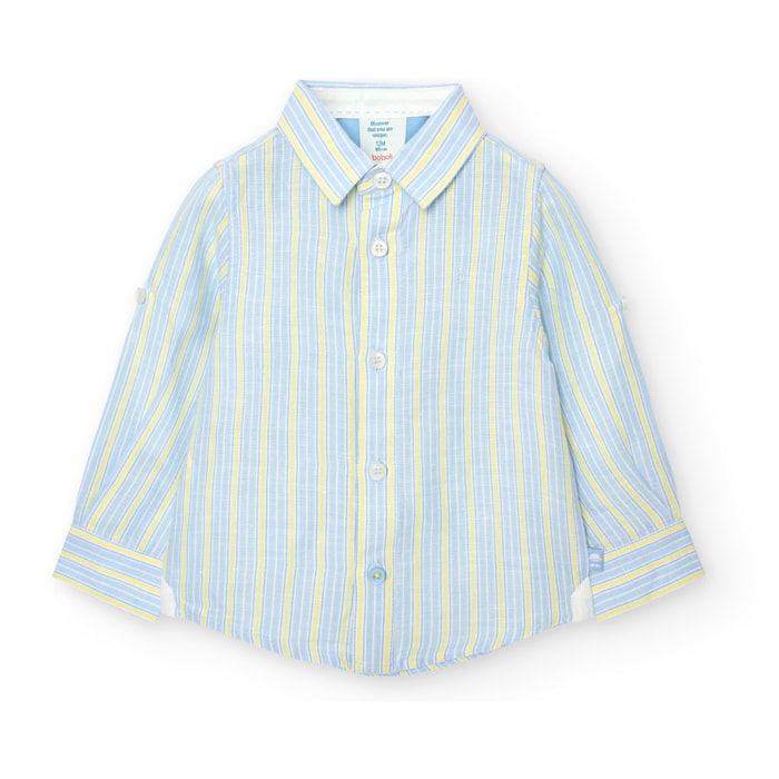Camisa lino listada niño, cuello camisero, mangas largas