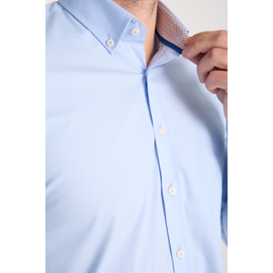 camicia uomo 1 bottone button down slim Popeline Stretch Unito Celeste