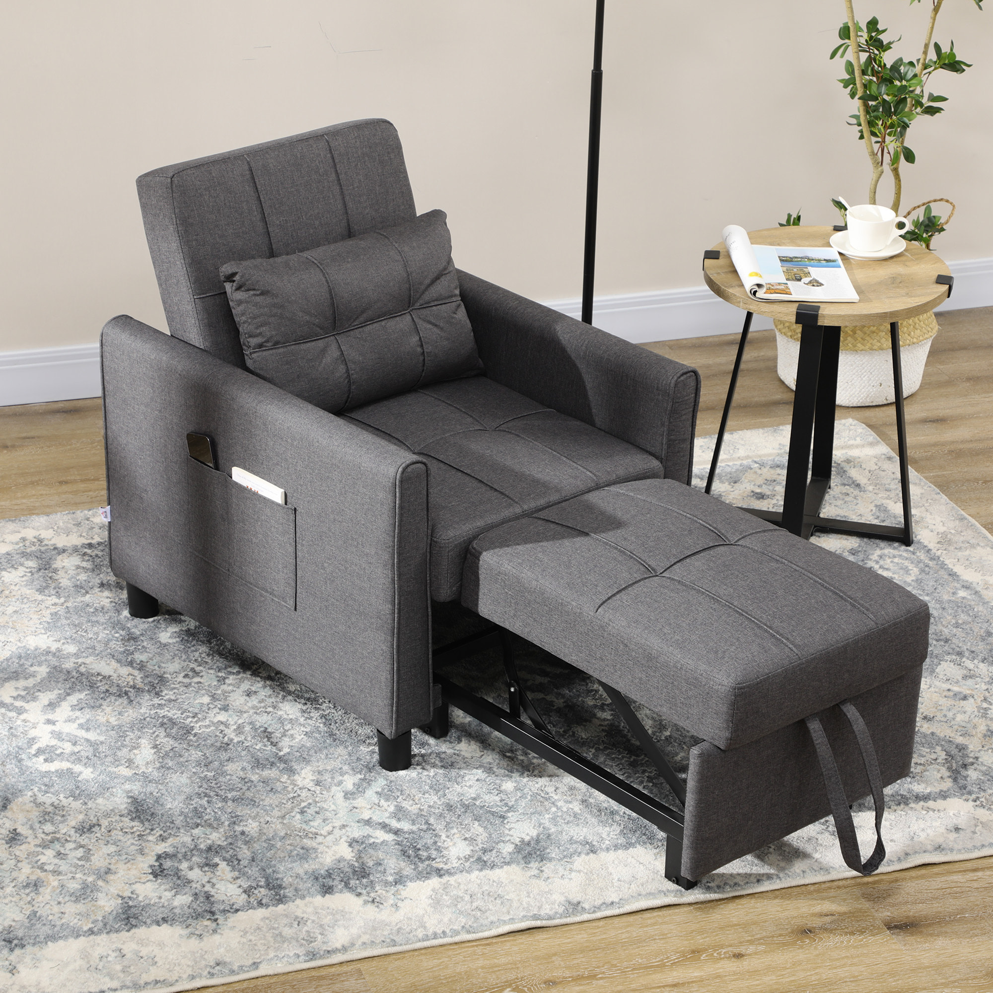 Fauteuil convertible 3 en 1 chaise longue lit dossier inclinable 3 positions coussin gris