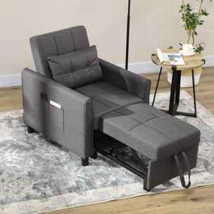 Fauteuil convertible 3 en 1 chaise longue lit dossier inclinable 3 positions coussin gris