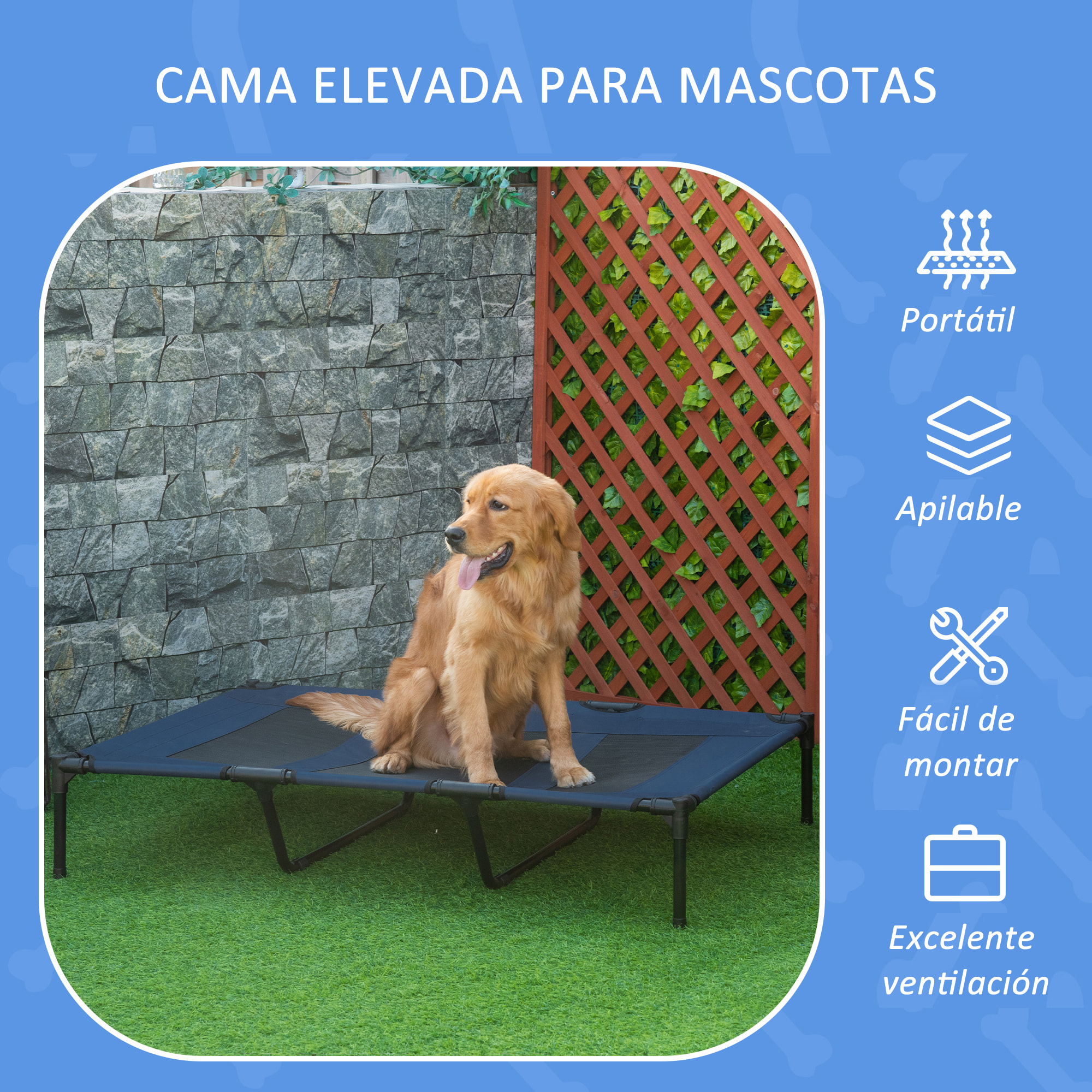 Cama Elevada para Perros Gatos Portátil Cama para Mascotas con Zona de Malla Transpirable y Tela Oxford Marco de Acero para Interior Exterior 122x92x23 cm Azul