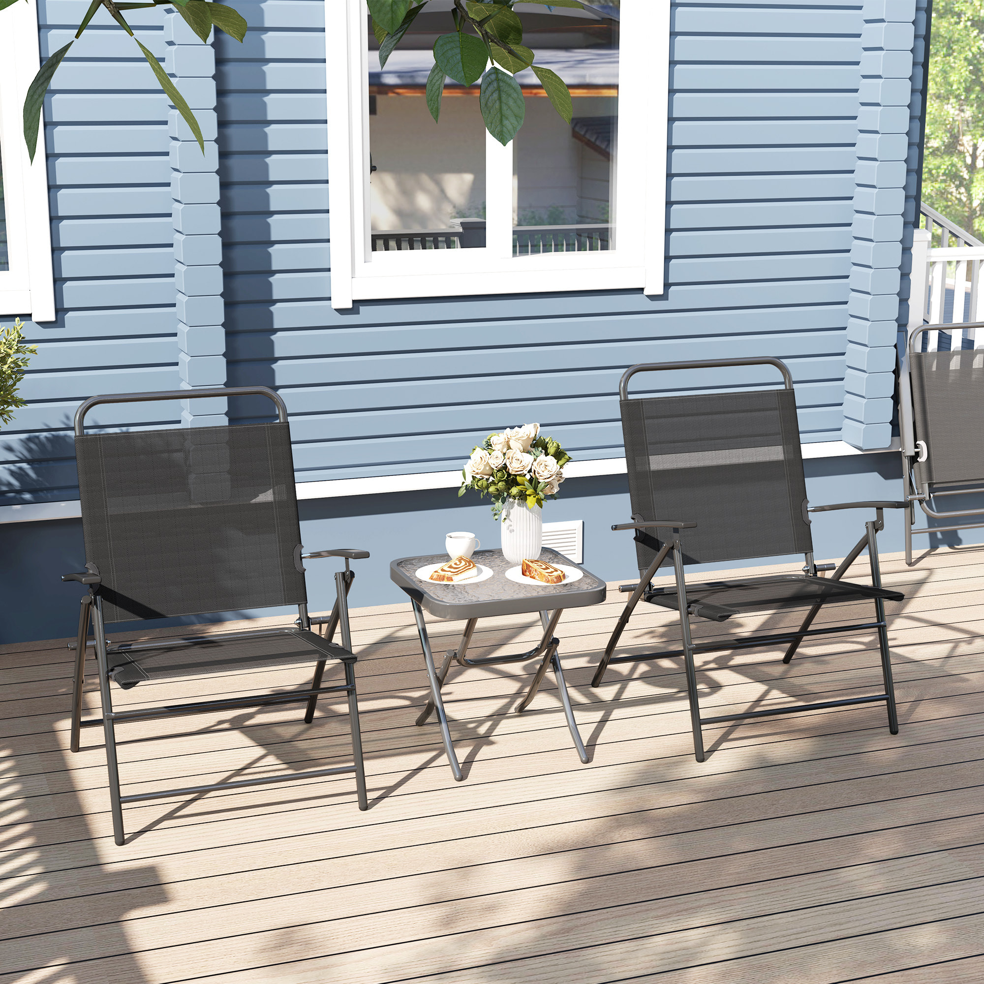 Conjunto de Mesa y Sillas de Terraza Exterior de 3 Piezas Muebles de Jardín Exterior Plegables con Respaldo Regulable Tablero de Vidrio y Estructura de Acero