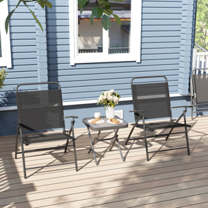 Conjunto de Mesa y Sillas de Terraza Exterior de 3 Piezas Muebles de Jardín Exterior Plegables con Respaldo Regulable Tablero de Vidrio y Estructura de Acero