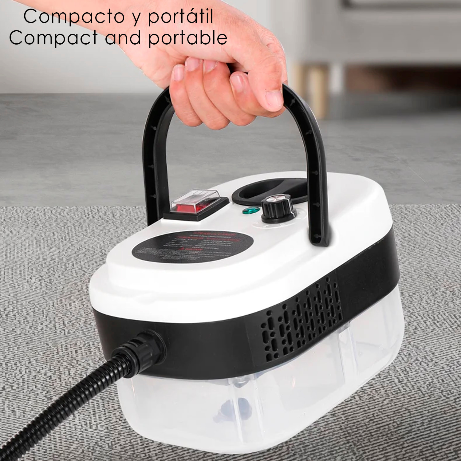 Limpiador de vapor de 2500W con vapor a 105°C y 3 bares de presión. Depósito de 900 ml con 6 niveles de vapor. Incluye 7 cabezales.
