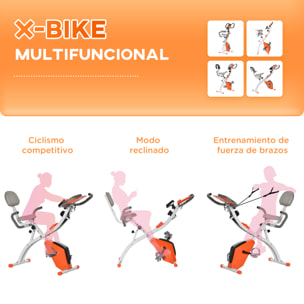 Bicicleta Estatica Plegable 3 en 1 con Respaldo y 8 Niveles Resistencia Magnética Bicicleta Estatica en Casa Ajustable con Monitor LCD Volante Banda Sensor de Pulso Soporte de Teléfono Naranja