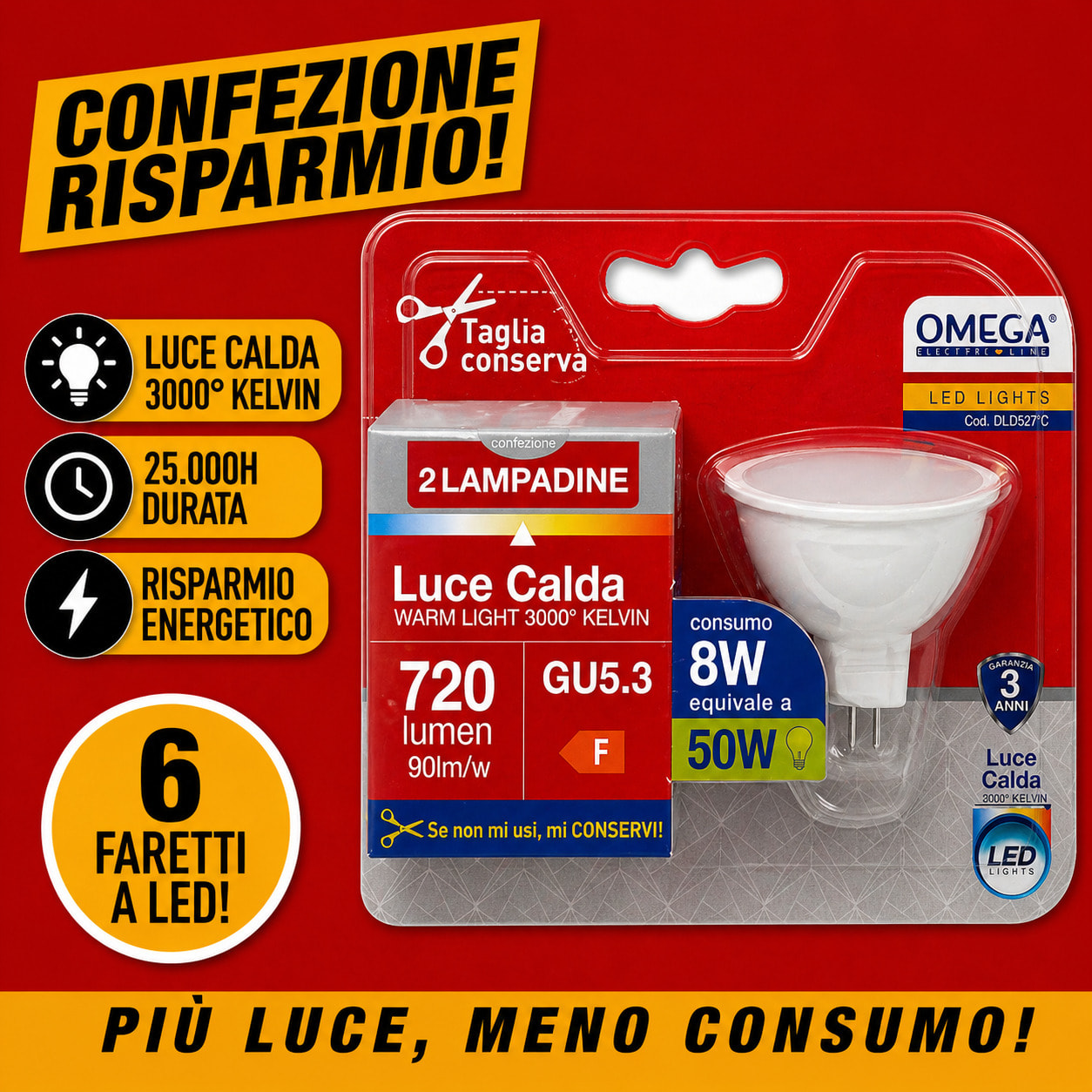 OMEGA Set 6 Faretti LED 8W 720LM 12V MR16 GU5.3 3000K