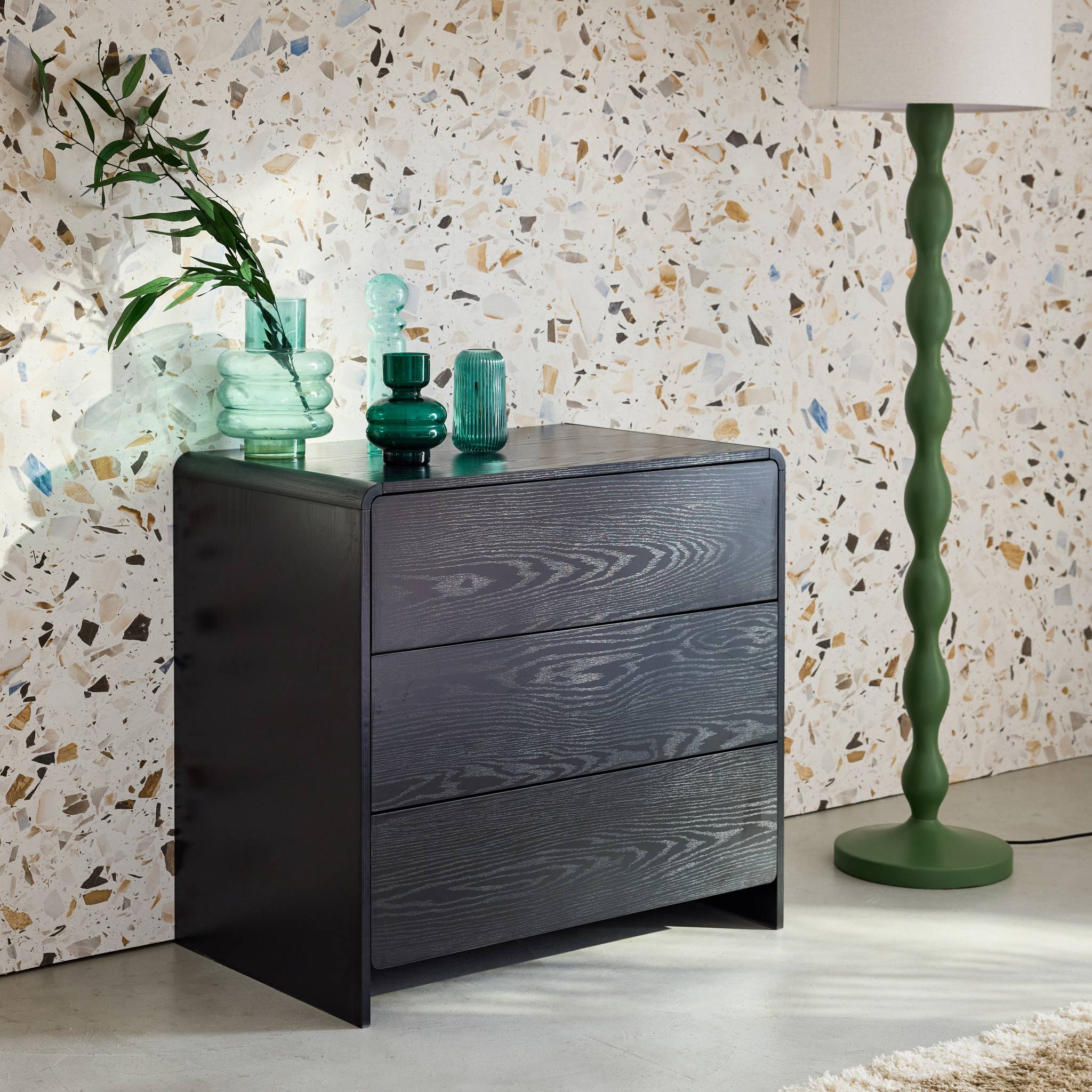 Commode 3 tiroirs effet bois arrondi. noir