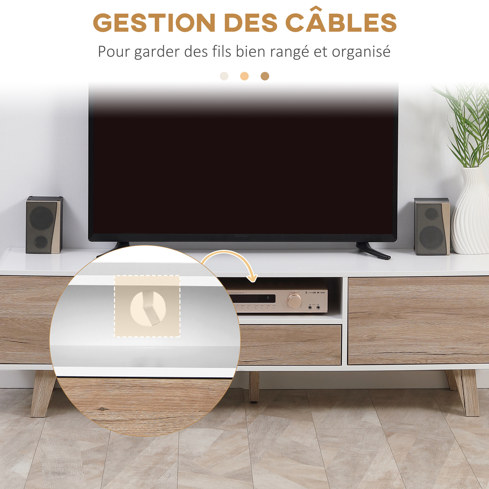 Meuble TV bas sur pied style scandinave 2 portes niche tiroir MDF blanc aspect chêne clair