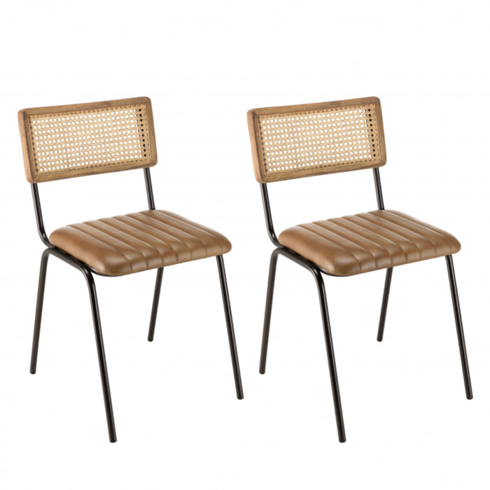 MARCEL - Lot de 2 chaises manguier assise matelassée cuir dossier droit