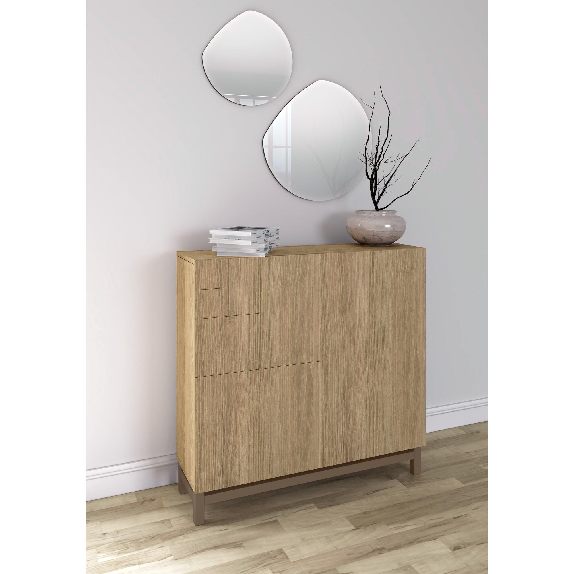 Zapatero Copenhague melamina roble dorado patas moka 90x90x27 cm