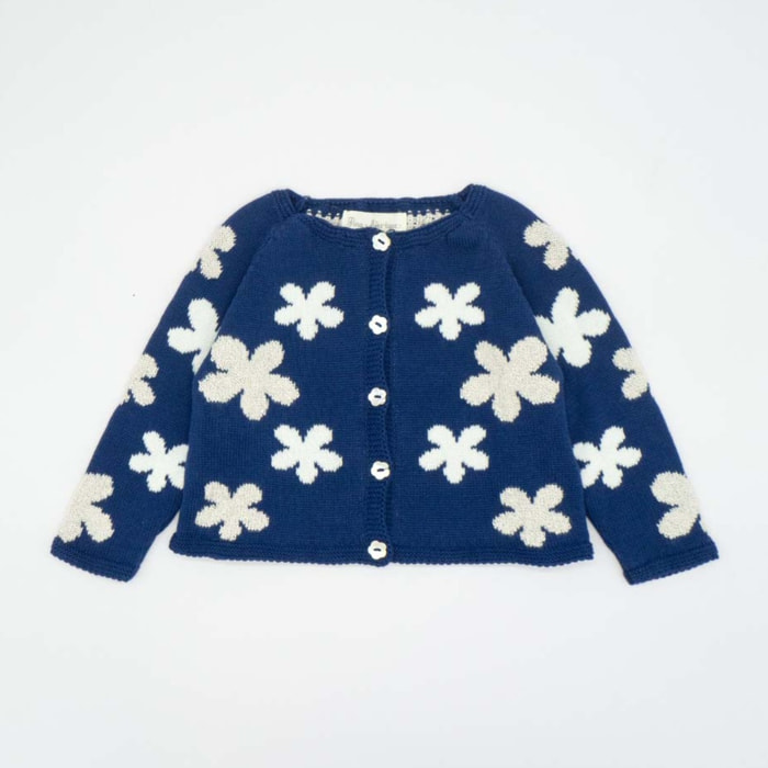 CHAQUETA PUNTO AZUL CON FLORES BRILLO Y BLANCO