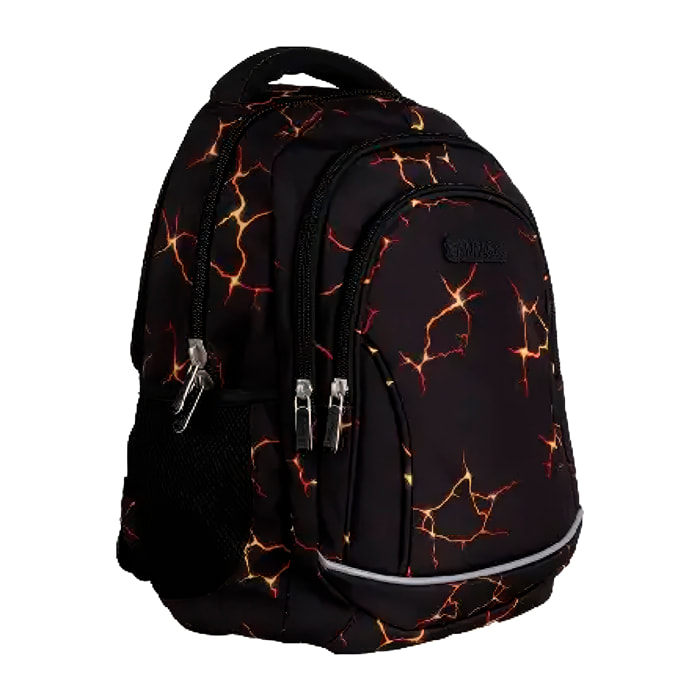 Zaino scolastico con tre cerniere, pannello imbottito, dettagli riflettenti e compatibile con trolley. 28x12x37 cm.