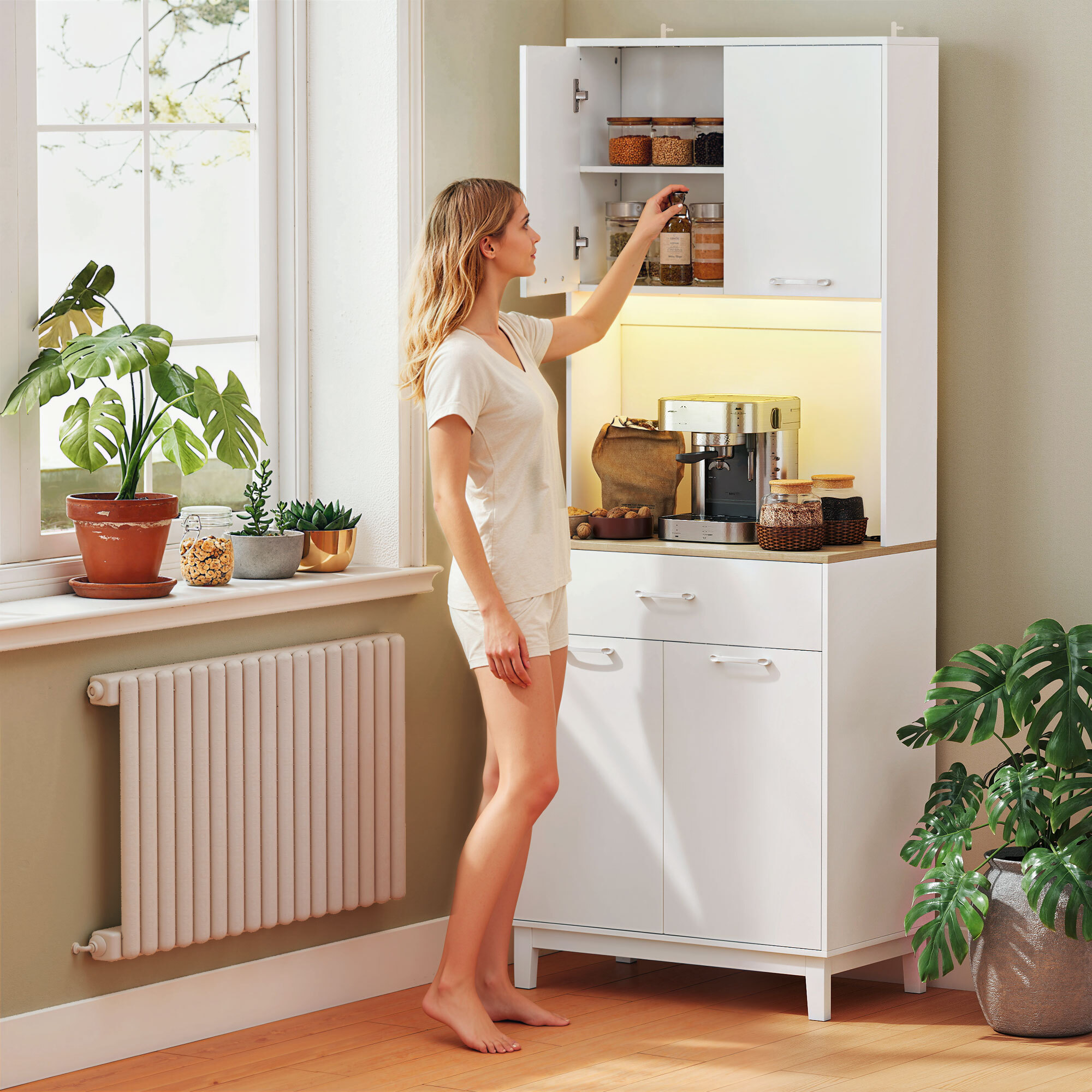 Alacena de Cocina con Luces LED y Estación de Carga, Control por APP, Mueble Auxiliar de Cocina con 4 Puertas, Cajón, Encimera Abierta para Microondas, Estantes Ajustables, 71x40x180 cm, Blanco