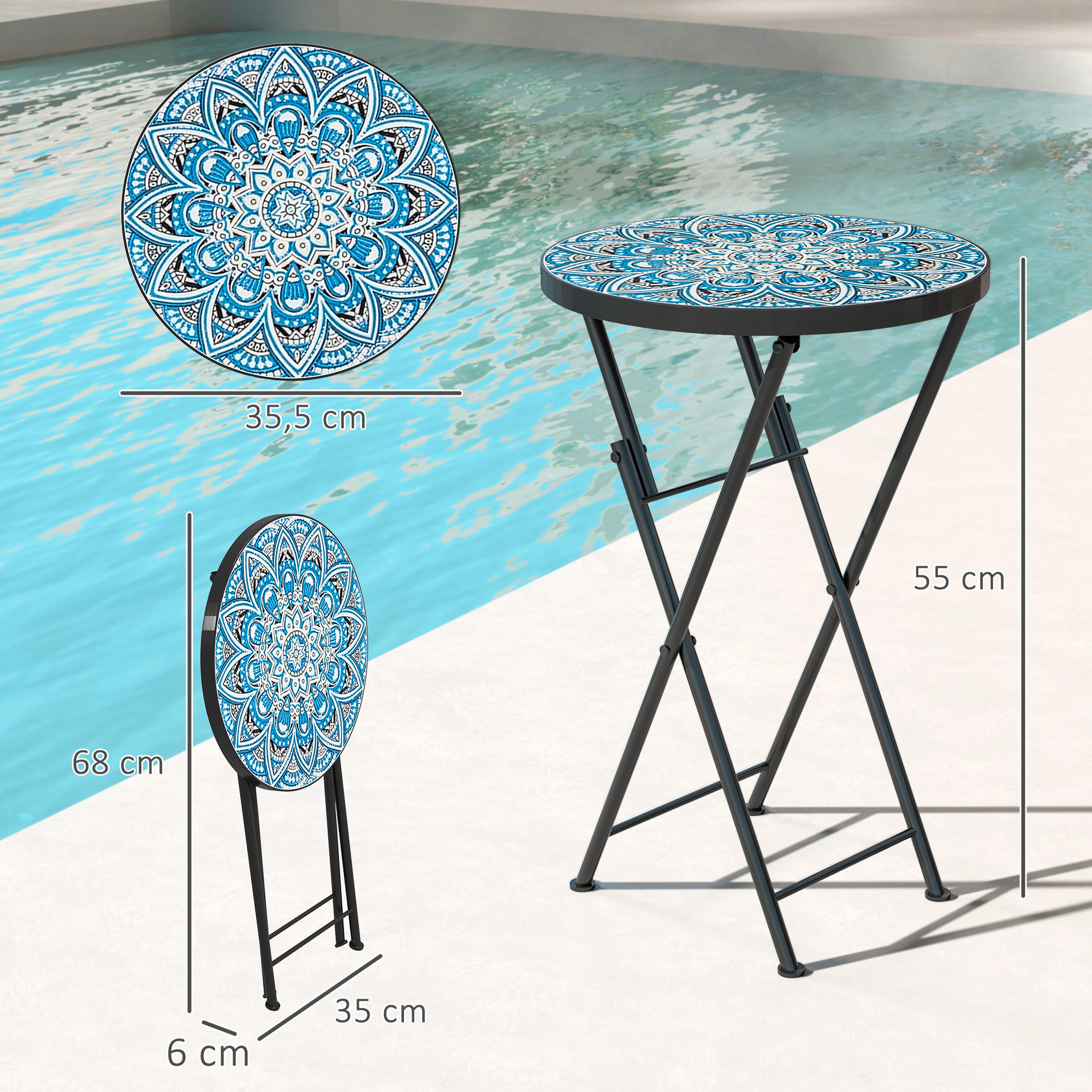 Mesa Auxiliar Redonda Mesa de Jardín Exterior Plegable con Encimera de Mosaico y Almohadillas Antideslizantes Mesa para Exterior Terraza Patio Ø35,5x55 cm Azul