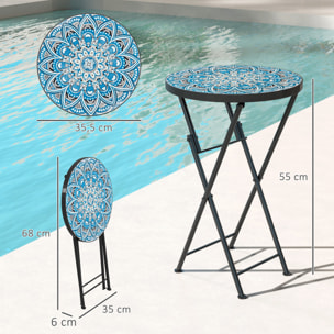 Mesa Auxiliar Redonda Mesa de Jardín Exterior Plegable con Encimera de Mosaico y Almohadillas Antideslizantes Mesa para Exterior Terraza Patio Ø35,5x55 cm Azul