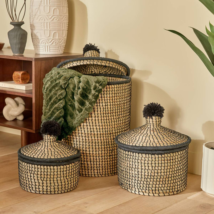 Lot de 3 paniers Nyero rond beige et noir