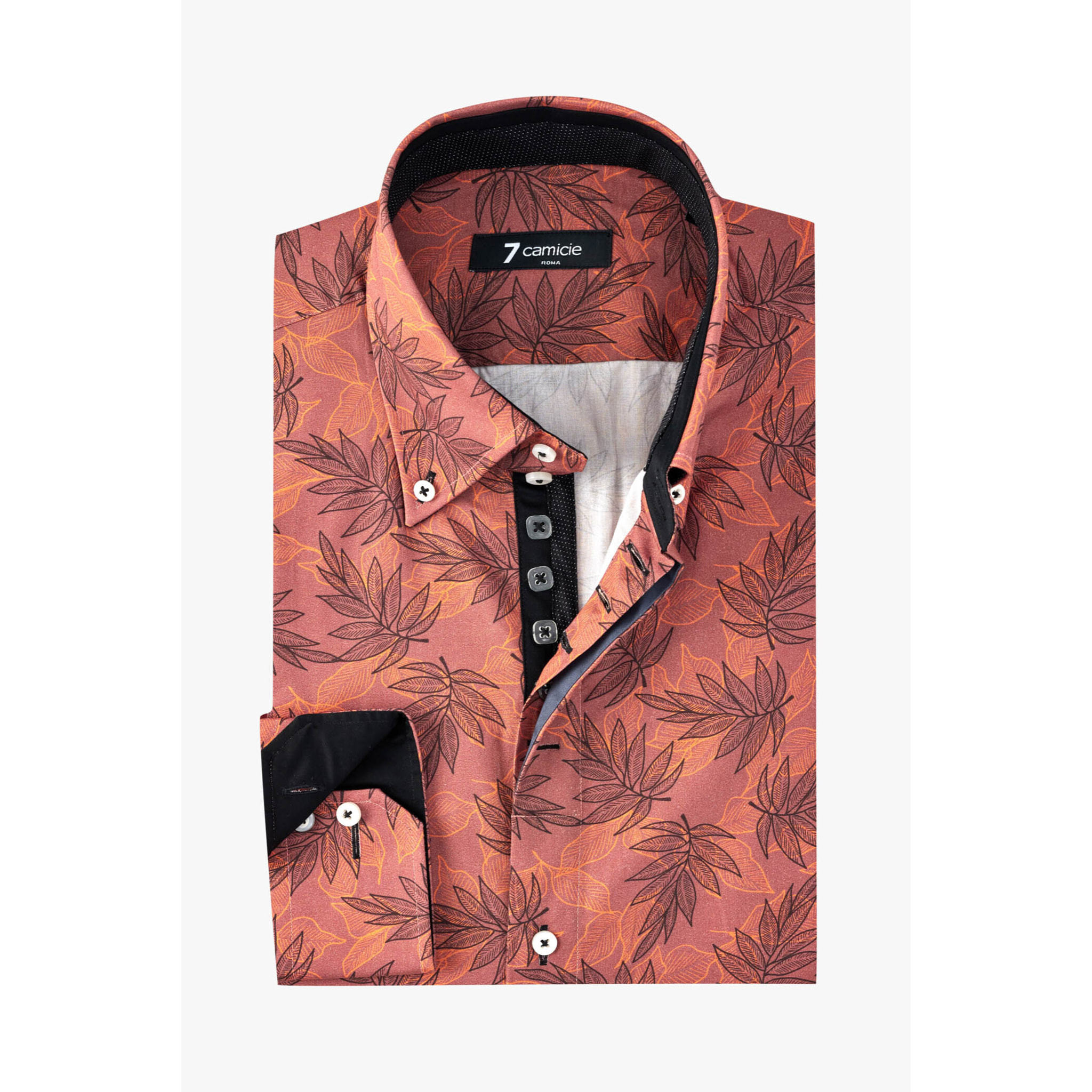 Camicia Uomo 2 Bottoni Button Down Slim Popeline Fantasia Mattone Nero