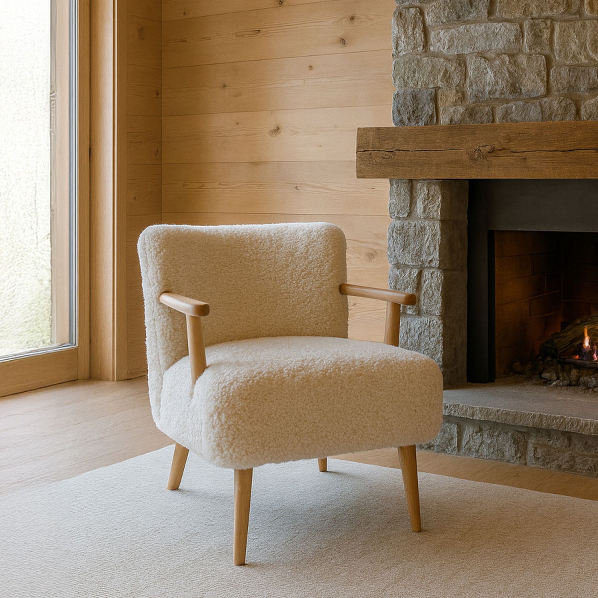 Fauteuil en tissu crème et structure en bois ELIOT