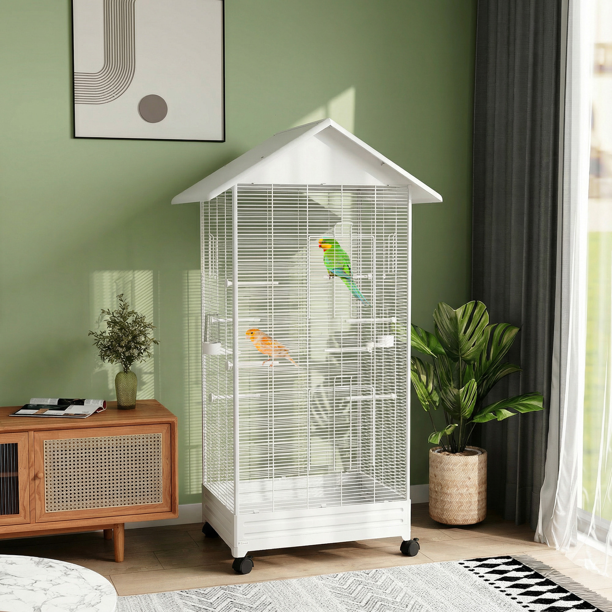 Cage à oiseaux sur roulettes tiroir amovible acier blanc