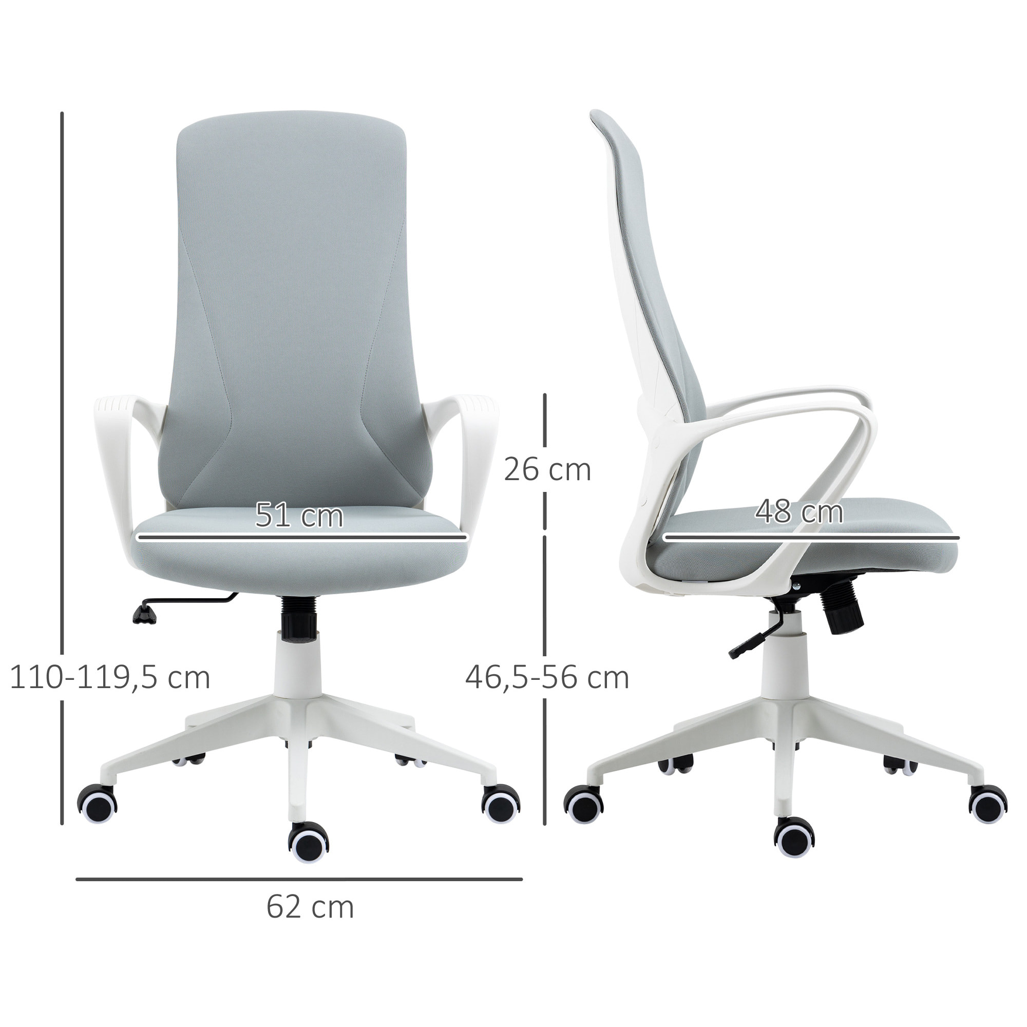 Fauteuil de Bureau ergonomique avec accoudoirs et roulettes pivotant - Fonction Inclinaison et Hauteur réglable dim. 62L x 56l x 119,5H cm - Gris clair