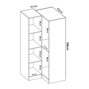 Guardaroba Elgon, Mobile angolare per camera da letto, Armadio appendiabiti ad angolo a 2 ante battenti, 91x93h184 cm, Bianco