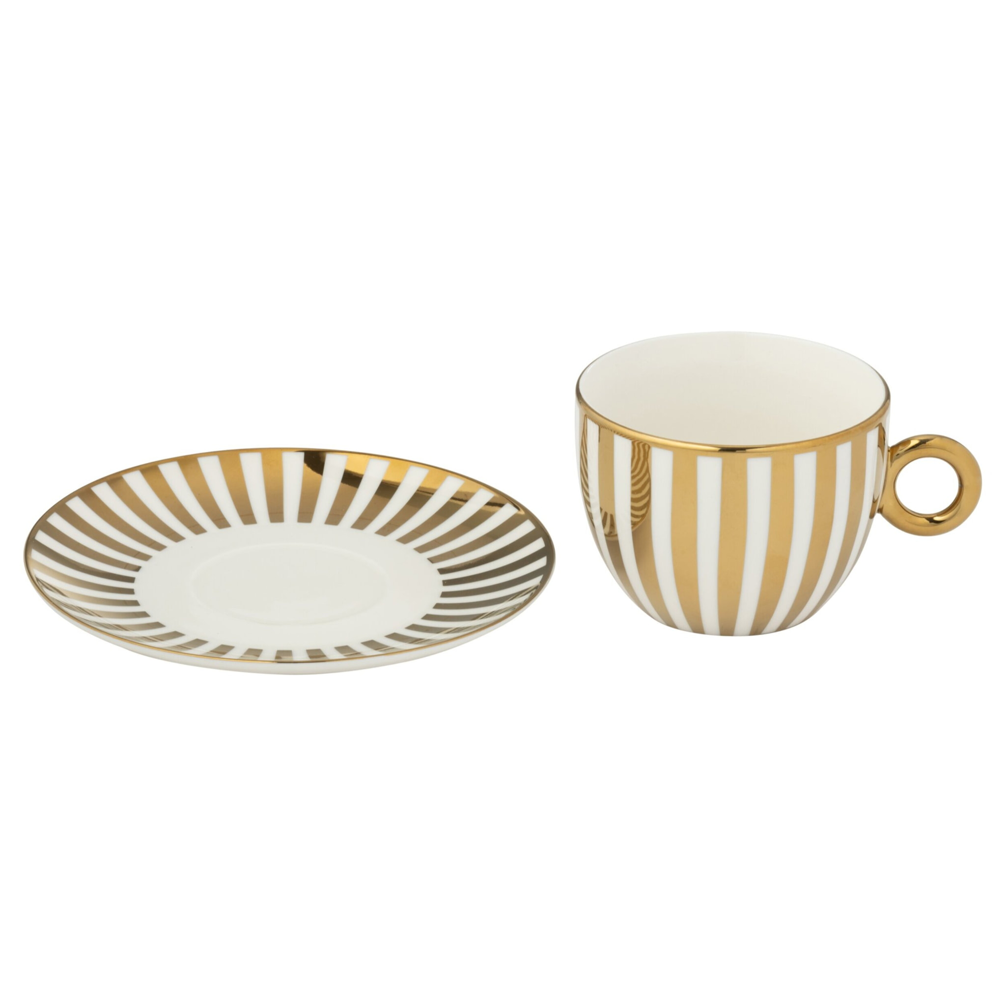 J-Line tasse + sous-tasse Lignés - porcelaine - blanc/or - large - boîte de 2