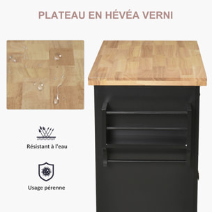 Desserte de cuisine multi rangements 2 tiroirs 2 placard 2 portes avec étagère range-bouteille porte-torchons MDF noir hévéa