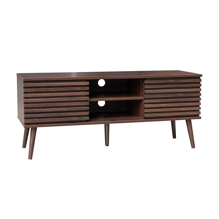 Meuble TV scandinave avec 2 portes décor bois noyer rainuré et 1 niche centrale avec étagère L120cm