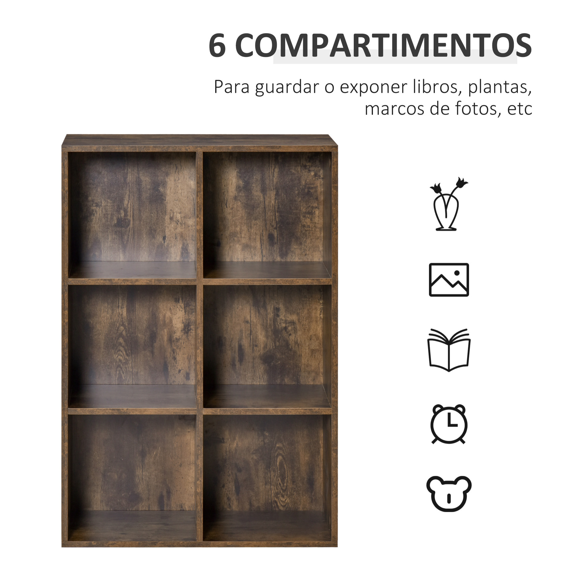 Librería de 3 Niveles, Estantería para Libros con 6 Cubos de Almacenaje, para Sala de Estar, Dormitorio, Estudio, Oficina, 65,5x30x97,5 cm, Marrón Rústico
