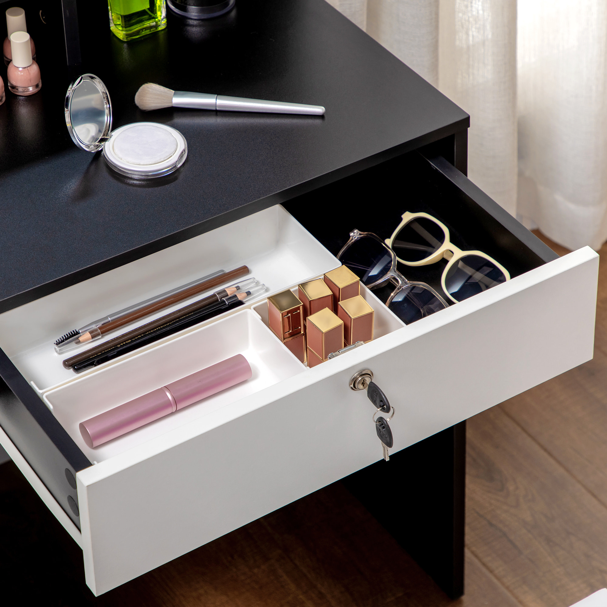 Ensemble coiffeuse tabouret design contemporain multi-rangement 4 tiroirs 4 étagères grand miroir noir blanc