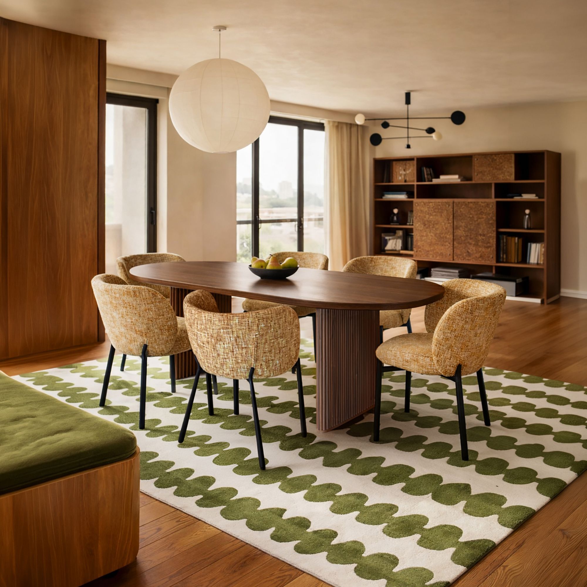 Ensemble table à effet noyer et 6 fauteuils en tissu ocre  SUZAN